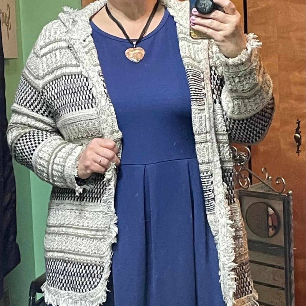 Gorgeous, Cozy Sweater with a Hood in Navy, White, Gray, Brown, and Cream